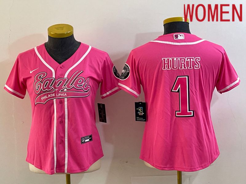 Women Philadelphia Eagles #1 Hurts Pink Nike 2023 Co Branding Game NFL Jersey style 1->women nfl jersey->Women Jersey